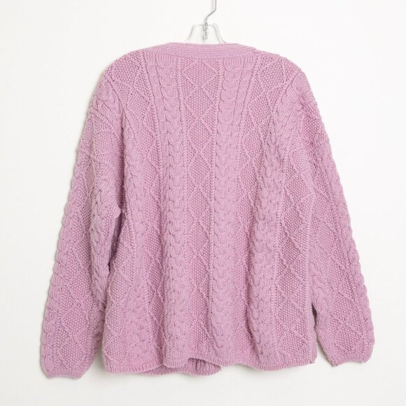 Hand Knitted Cardigan Pink Sweater Chunky Diamond Stitch Oversized M/L - Picture 3 of 10
